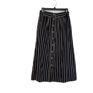 Mo : Vint Anthropologie Navy Blue Striped Button Down Midi Skirt Size M